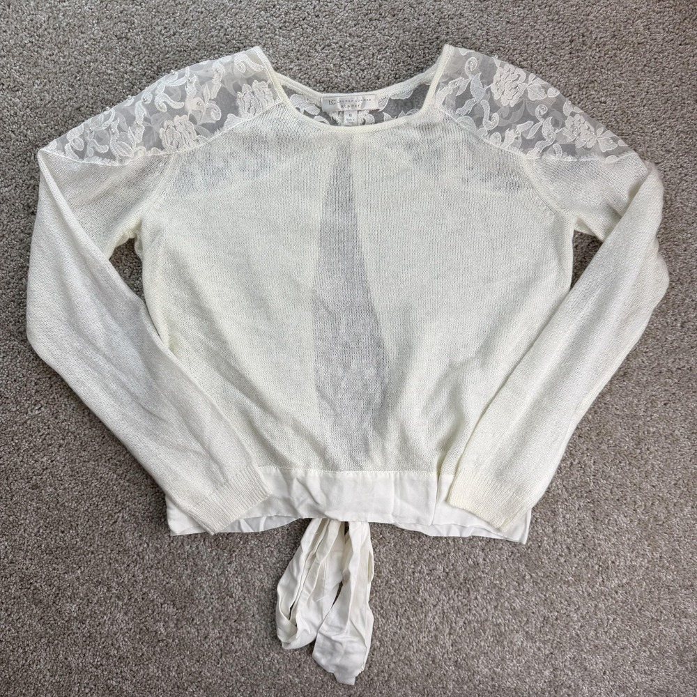 LC Lauren Conrad Runway Sweater Womens Medium White Sheer Lace Open Back Tie